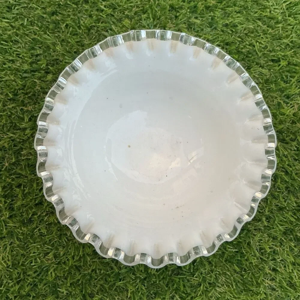 Vintage Fenton Silver Crest Milk Glass Compote Clear Ruffle Edge Pedestal Bowl
